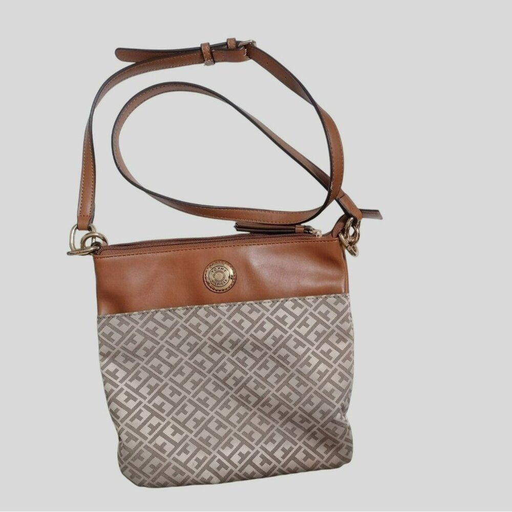 Tommy Hilfiger Brown Faux Leather & Monogram Crossbody Bag, Tan Taupe Purse